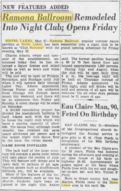 Ramona Ballroom/Dance Pavilion at Sister Lakes - MAY 21 1953 CONVERTED TO NIGHTCLUB